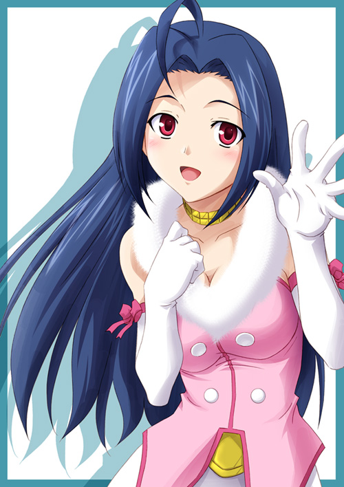 izumi mahiru, miura azusa, idolmaster, idolmaster (classic), idolmaster 1, 00s, ahoge, blue hair, cute & girly (idolmaster), red eyes, solo