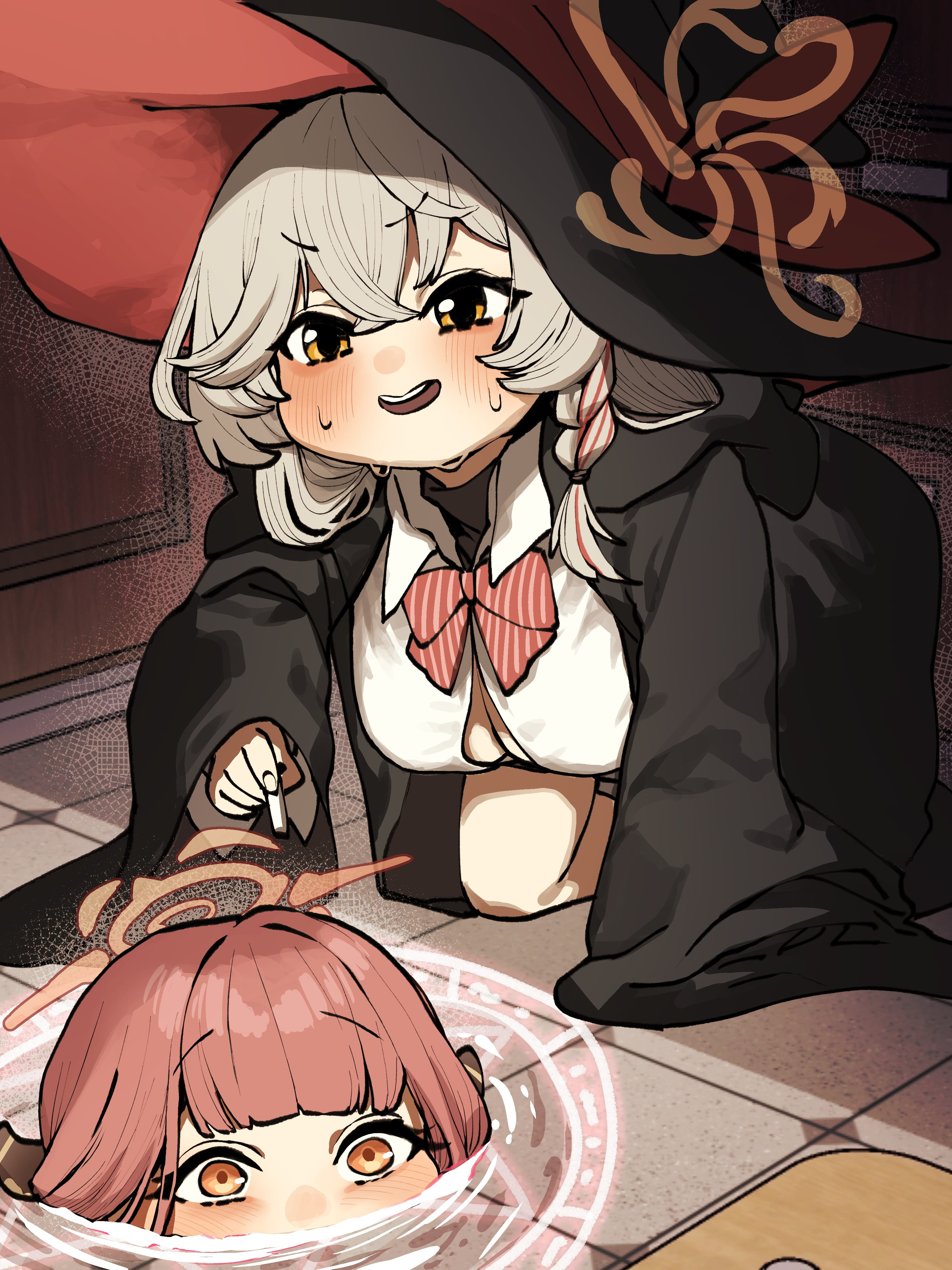 chroong, aru (blue archive), eri (blue archive), blue archive, bow, bowtie, braid, chalk, floor tiles, halo, hat, horns, jacket, long coat, long hair, magic circle, orange eyes, red hair, shirt, skirt, submerged, sweater, white hair, witch hat