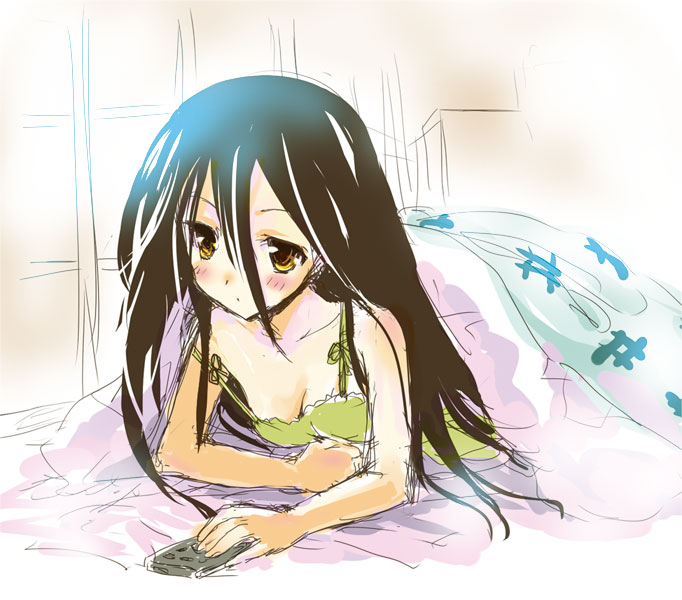 shige, komori kiri, sayonara zetsubou sensei, 00s, 1girl, bed, breasts, cleavage, female focus, lying, medium breasts, solo