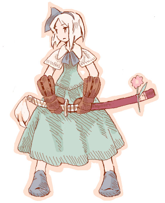 konpaku youmu, samurai (final fantasy), final fantasy, final fantasy tactics, touhou, 1girl, female focus, flower, gloves, hairband, holding, parody, samurai, scabbard, sheath, sheathed, solo, style parody, white hair