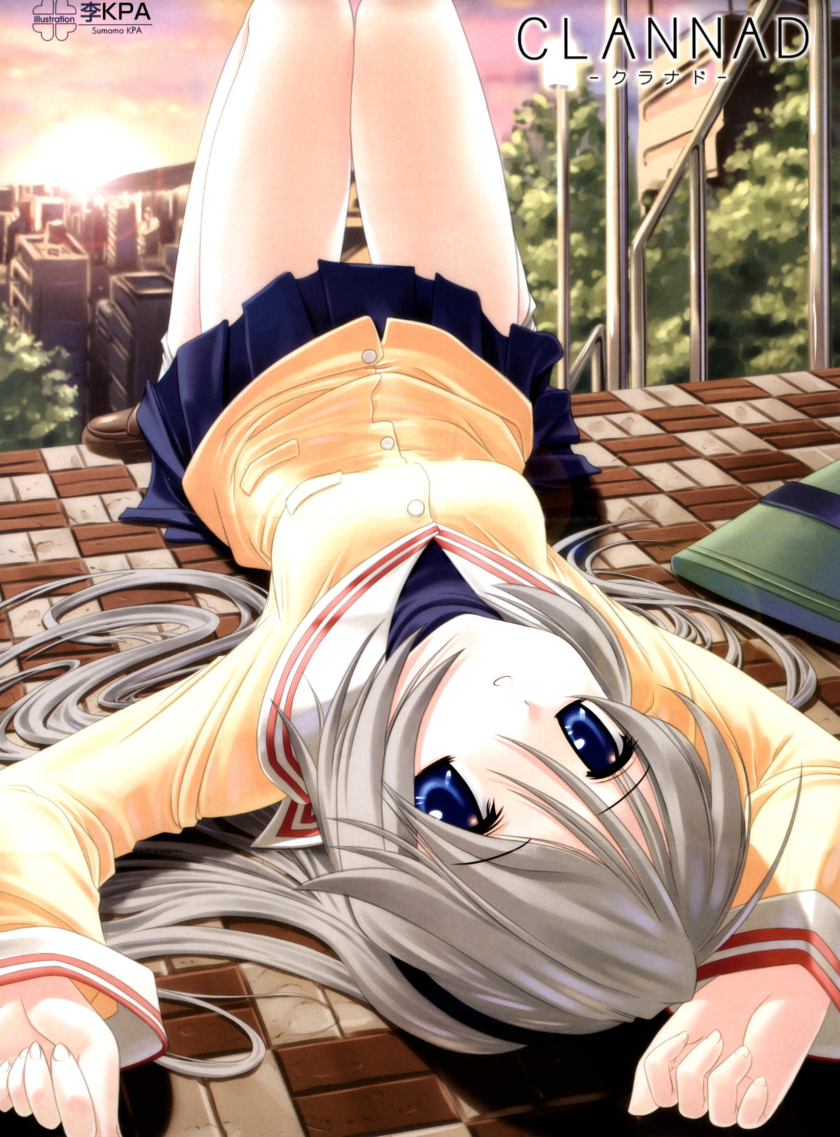 sumomo kpa, sakagami tomoyo, clannad, highres, scan, 00s, blue eyes, grey hair, long hair, lying, school uniform, serafuku, solo, sunset