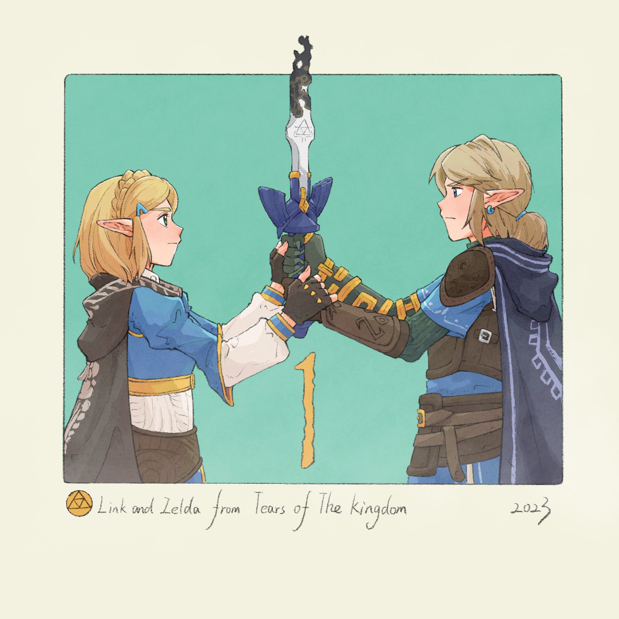 yangyaozigo, link, princess zelda, nintendo, the legend of zelda, the legend of zelda: tears of the kingdom, commentary, english commentary, highres, 1boy, 1girl, aqua background, black cape, blonde hair, blue shirt, braid, brown gloves, cape, champion's tunic (zelda), character name, copyright name, crown braid, ear piercing, fingerless gloves, from side, gloves, hair ornament, hairclip, hood, hood down, hooded cape, looking at another, master sword, piercing, pointy ears, ponytail, shirt, short hair, short ponytail, triforce