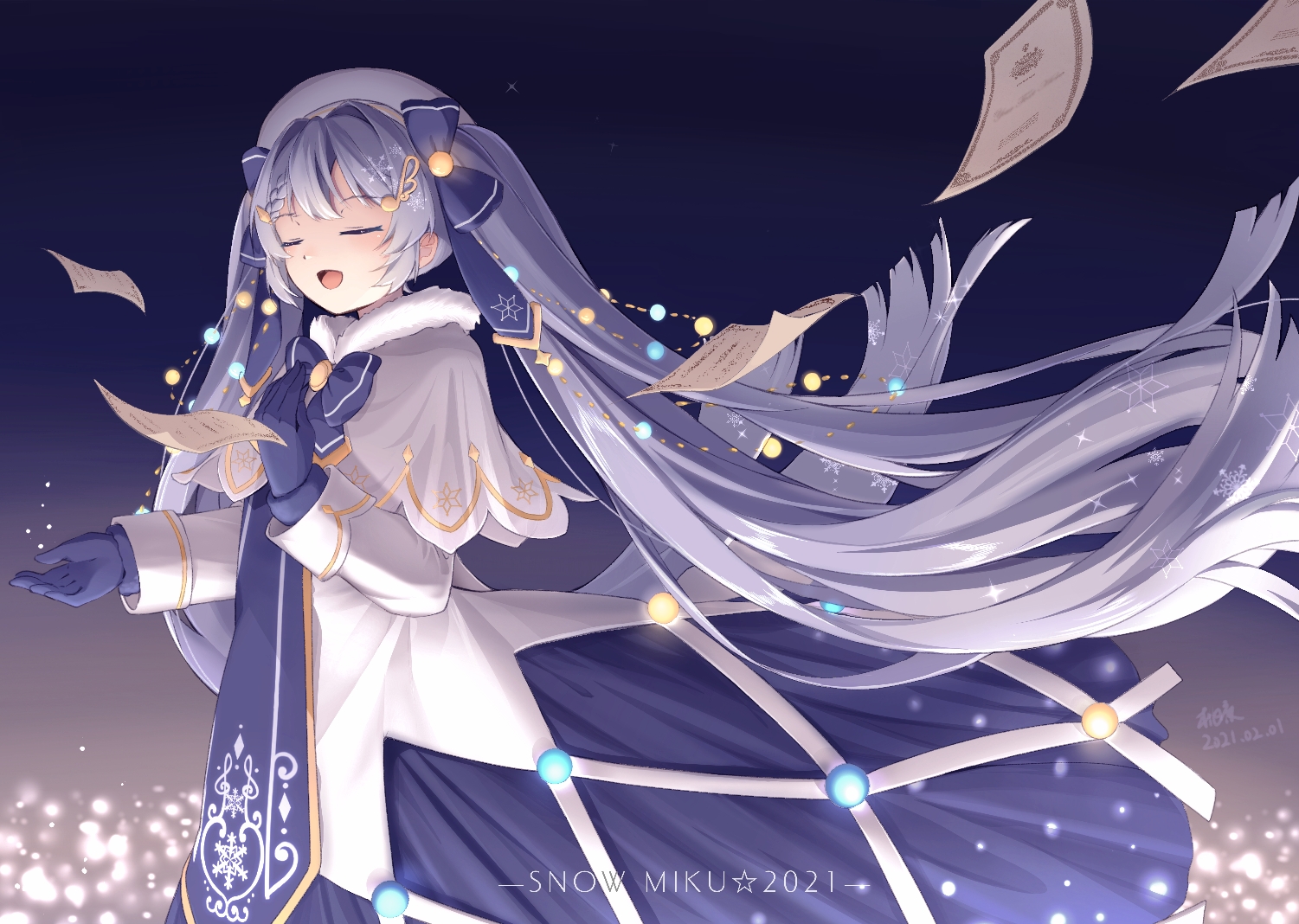 hatsune miku, yuki miku, yuki miku (2021), vocaloid, 1girl, beret, blue bow, blue dress, blue gloves, blue hair, boots, bow, braid, capelet, closed eyes, dress, fur-trimmed boots, fur-trimmed capelet, fur trim, gloves, gold trim, hair bow, hair ornament, hairclip, hat, holding, holding paper, hoop skirt, light bulb hair ornament, long hair, looking at viewer, mountainous horizon, musical note, night, night sky, official alternate costume, official alternate hairstyle, open mouth, outdoors, paper, sky, smile, snow, snowflake print, snowflakes, snowing, standing, tabard, taoyejiang, treble clef, twintails, very long hair, white capelet, white dress