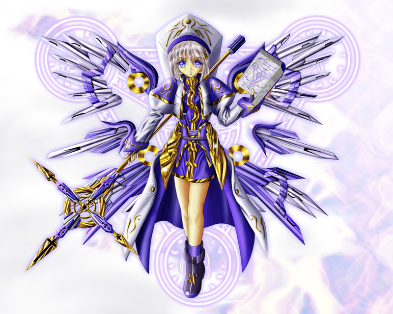schwertkreuz, tome of the night sky, yagami hayate, lyrical nanoha, mahou shoujo lyrical nanoha, mahou shoujo lyrical nanoha a's, uniform, 00s, 1girl, beret, blue dress, book, dress, female focus, full body, hair ornament, hat, holding, holding weapon, long sleeves, looking at viewer, polearm, solo, spear, staff, weapon, x hair ornament