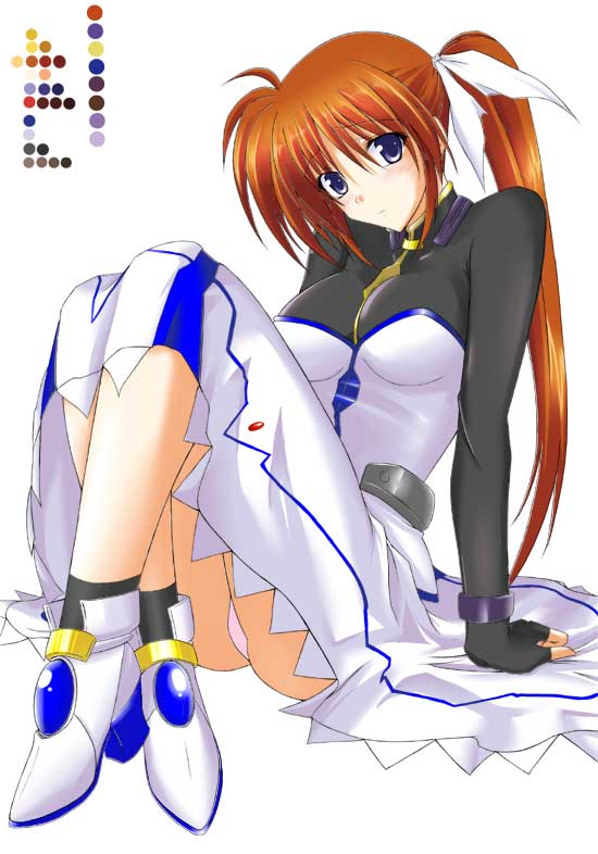 takamachi nanoha, lyrical nanoha, mahou shoujo lyrical nanoha, mahou shoujo lyrical nanoha strikers, jpeg artifacts, 00s, blue eyes, brown hair, long hair, panties, pantyshot, ponytail, purple eyes, solo, underwear