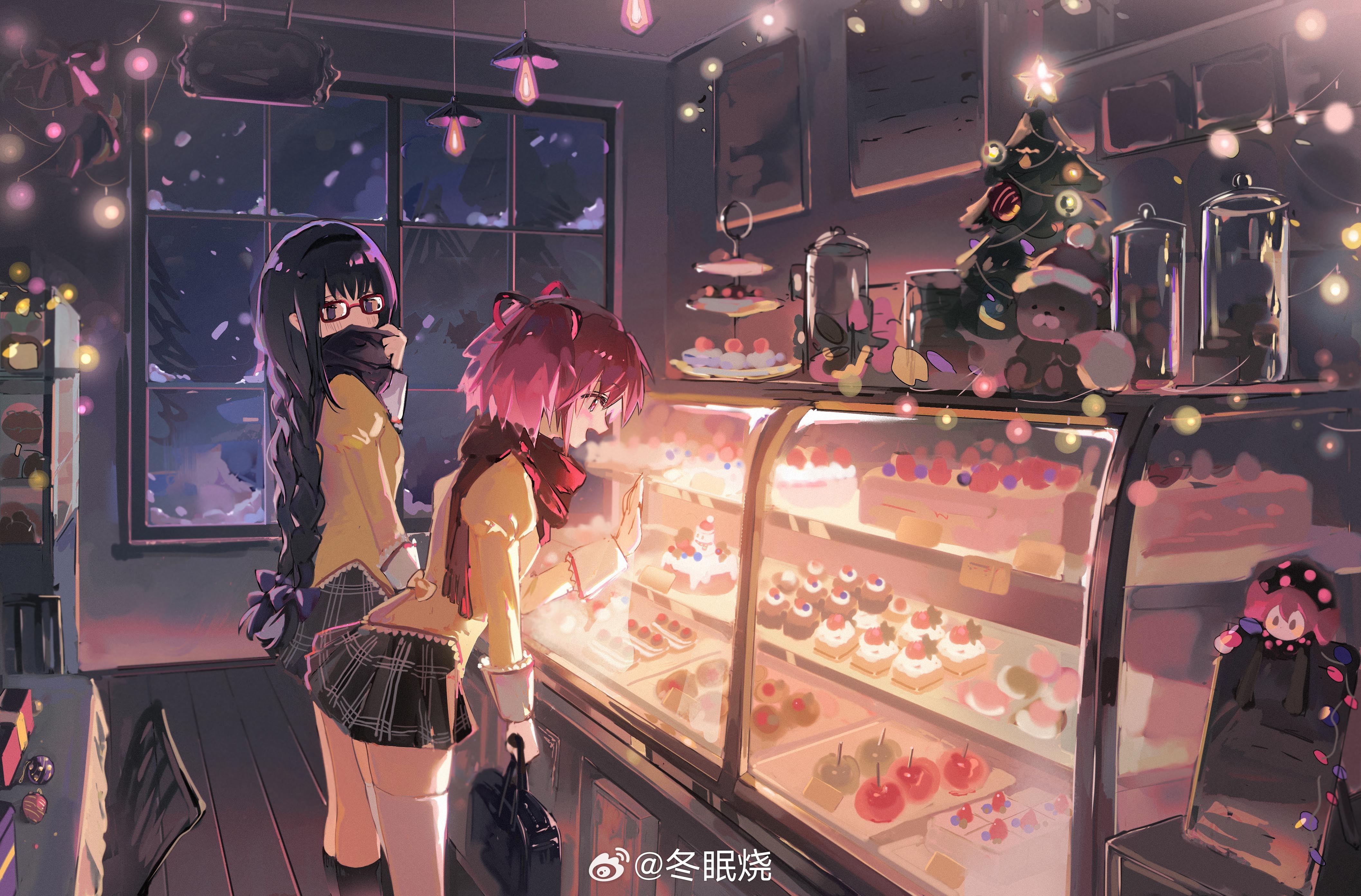 sliencio, akemi homura, charlotte (madoka magica), kaname madoka, mahou shoujo madoka magica, absurdres, highres, 2girls, :d, adjusting scarf, against glass, bag, bakery, black hair, black hairband, black scarf, black skirt, black socks, blush, bow, braid, cake, christmas, christmas lights, display, food, food awe, hair bow, hair ribbon, hairband, hand on glass, holding, holding bag, indoors, jar, juliet sleeves, leaning forward, long hair, long sidelocks, long sleeves, looking at another, mini christmas tree, miniskirt, mitakihara school uniform, multiple girls, open mouth, pastry, pink eyes, pink hair, plaid clothes, plaid skirt, pleated skirt, profile, puffy sleeves, purple bow, purple eyes, red-framed eyewear, red ribbon, red scarf, ribbon, scarf, school bag, school uniform, shop, short hair, short twintails, sidelocks, skirt, smile, snowing, socks, standing, stuffed animal, stuffed toy, sweater, teddy bear, thighhighs, turning head, twin braids, twintails, very long hair, watermark, weibo watermark, white thighhighs, winter, wooden floor, yellow sweater