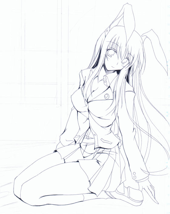 gisyo, reisen udongein inaba, touhou, 1girl, animal ears, blue theme, breasts, cleavage, female focus, monochrome, rabbit ears, solo