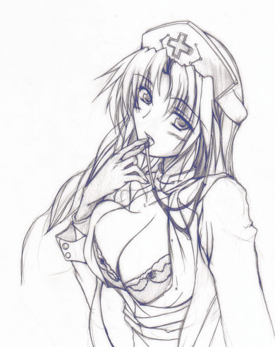 gisyo, yagokoro eirin, touhou, lowres, 1girl, bra, breasts, cleavage, female focus, finger to mouth, greyscale, hat, head tilt, lab coat, large breasts, lingerie, looking at viewer, monochrome, nurse cap, open clothes, open mouth, open shirt, parted bangs, shirt, simple background, sketch, solo, stethoscope, straight hair, underwear, upper body, white background