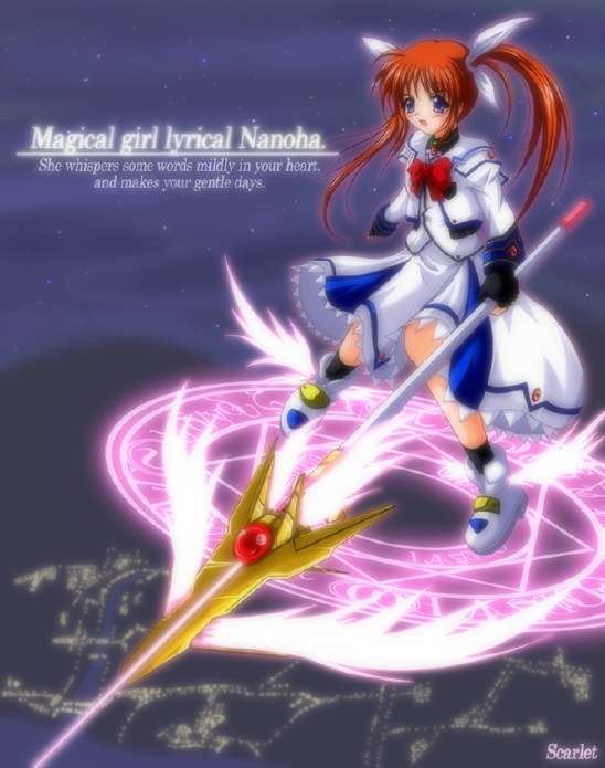 raising heart, raising heart (exelion mode), takamachi nanoha, takamachi nanoha (sacred mode), lyrical nanoha, mahou shoujo lyrical nanoha, mahou shoujo lyrical nanoha a's, winged footwear, 00s, 1girl, bow, copyright name, energy wings, female focus, fingerless gloves, gloves, magic circle, magical girl, octagram, purple eyes, red bow, red hair, shoes, solo, twintails, wings