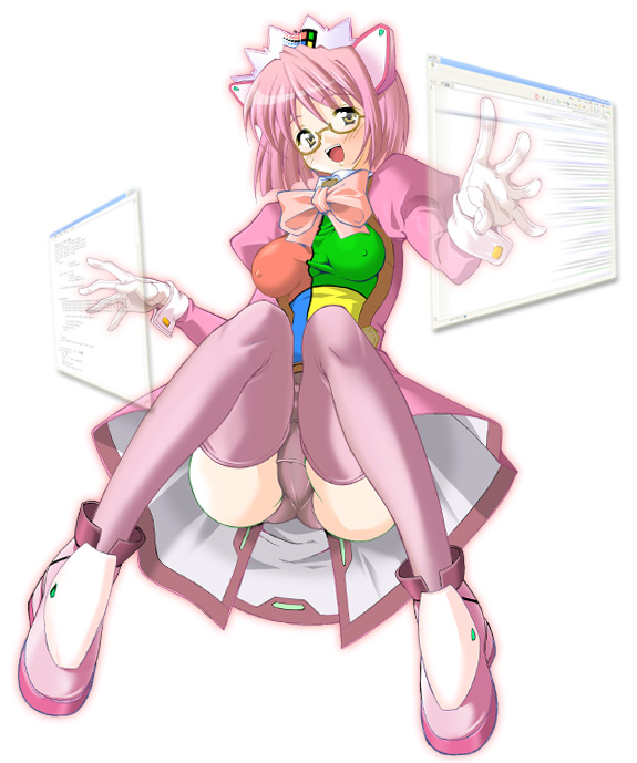 microsoft windows, os-tan, windows 2000, windows classic, brown eyes, glasses, gloves, panties, pink hair, pink theme, short hair, solo, thighhighs, underwear