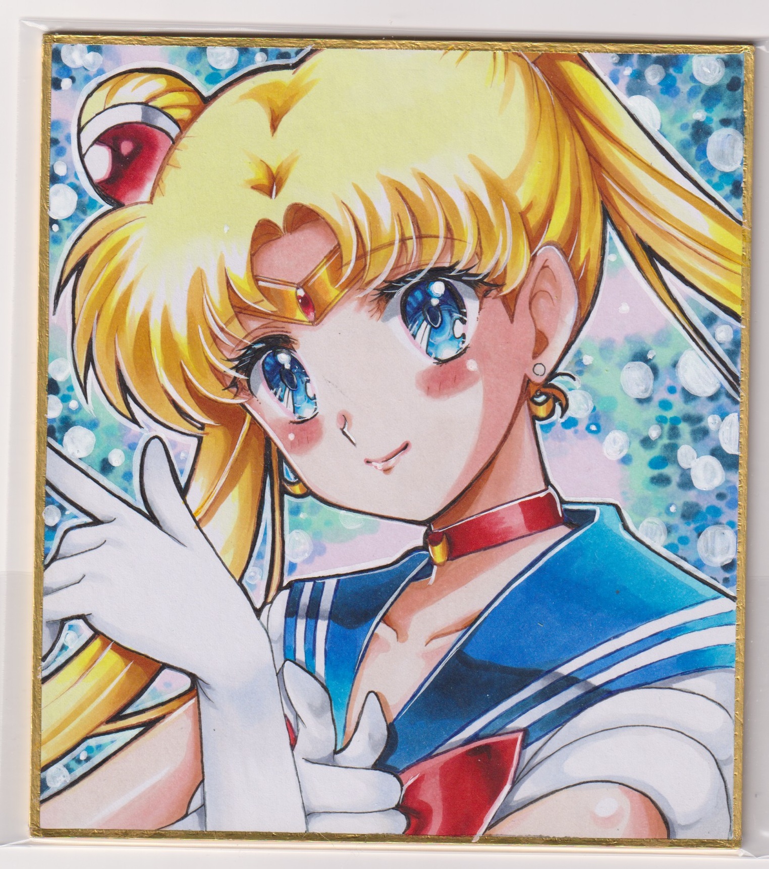 chikoto (kztc4472), sailor moon, tsukino usagi, bishoujo senshi sailor moon, bishoujo senshi sailor moon (first season), highres, traditional media, 1girl, blonde hair, blue eyes, blue sailor collar, blush, bow, bowtie, brooch, choker, closed mouth, collarbone, crescent, crescent choker, crescent earrings, earrings, elbow gloves, gem, gloves, hair bun, hair ornament, jewelry, lips, long hair, looking at viewer, magical girl, parted bangs, red bow, red bowtie, red choker, red gemstone, sailor collar, sailor senshi uniform, shirt, smile, solo, twintails, upper body, white gloves, white shirt