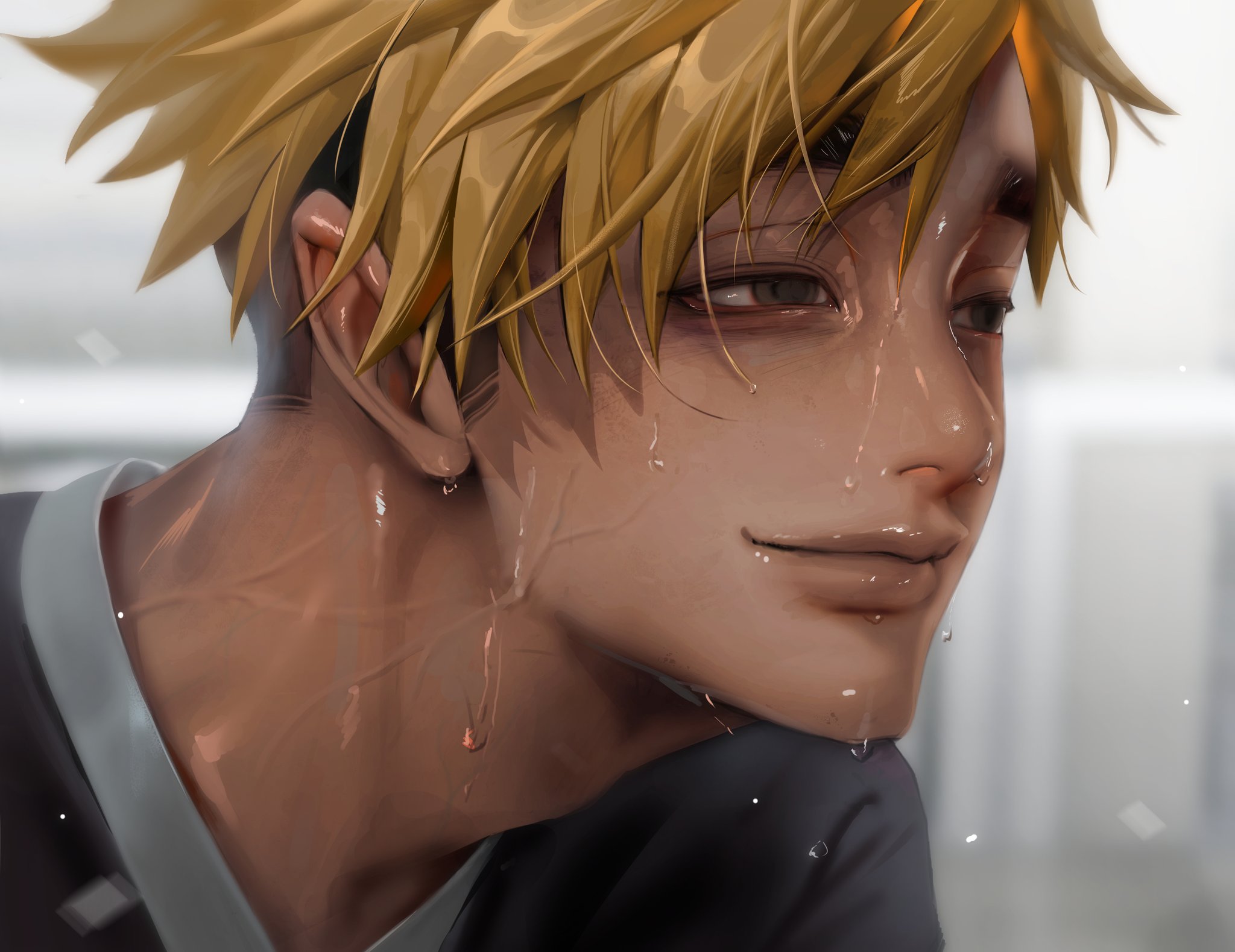ssxssss 848, miya atsumu, haikyuu!!, highres, 1boy, adam's apple, black eyes, black hair, black shirt, blonde hair, closed mouth, light smile, lips, male focus, multicolored hair, nose, shirt, short hair, solo, thick eyebrows, two-tone hair, undercut, upper body, veiny neck, wet