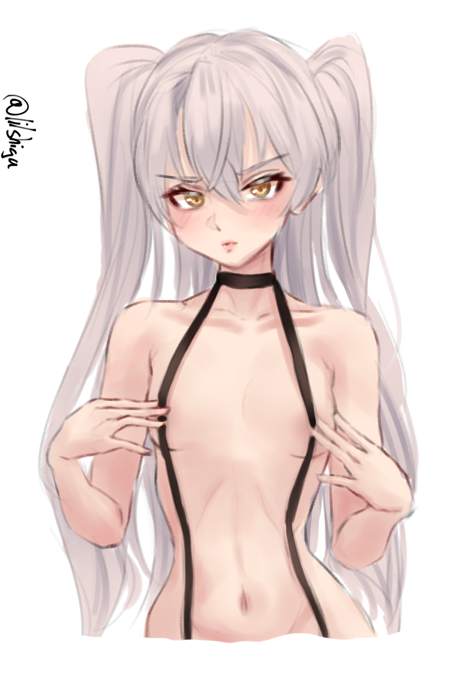 lilshigu, amatsukaze (kancolle), kantai collection, highres, 1girl, black choker, breasts, choker, covering breasts, covering privates, garter straps, grey hair, long hair, looking at viewer, navel, no bra, nude, skinny, small breasts, two side up, very long hair, white background, yellow eyes
