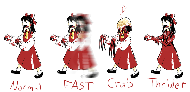 hakurei reimu, headcrab, michael jackson, half-life, half-life (series), half-life 2, thriller (michael jackson), touhou, 1girl, blood, bow, chart, claws, detached sleeves, english text, female focus, heart, jacket, japanese clothes, miko, o o, parody, sharp teeth, teeth, zombie