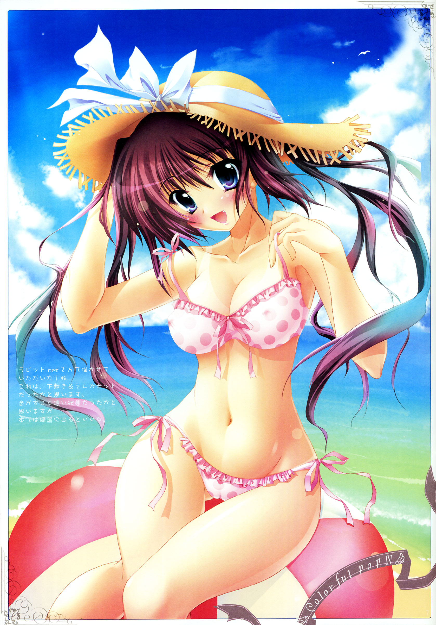 izumi tsubasu, absurdres, highres, 1girl, beach, bikini, bikini tan, blush, breasts, cameltoe, colorful pop iv, covered erect nipples, day, fang, female focus, hat, hip focus, medium breasts, pink bikini, polka dot, polka dot bikini, polka dot swimsuit, side-tie bikini bottom, solo, straw hat, swimsuit, tan, tanline, thigh gap, wide hips