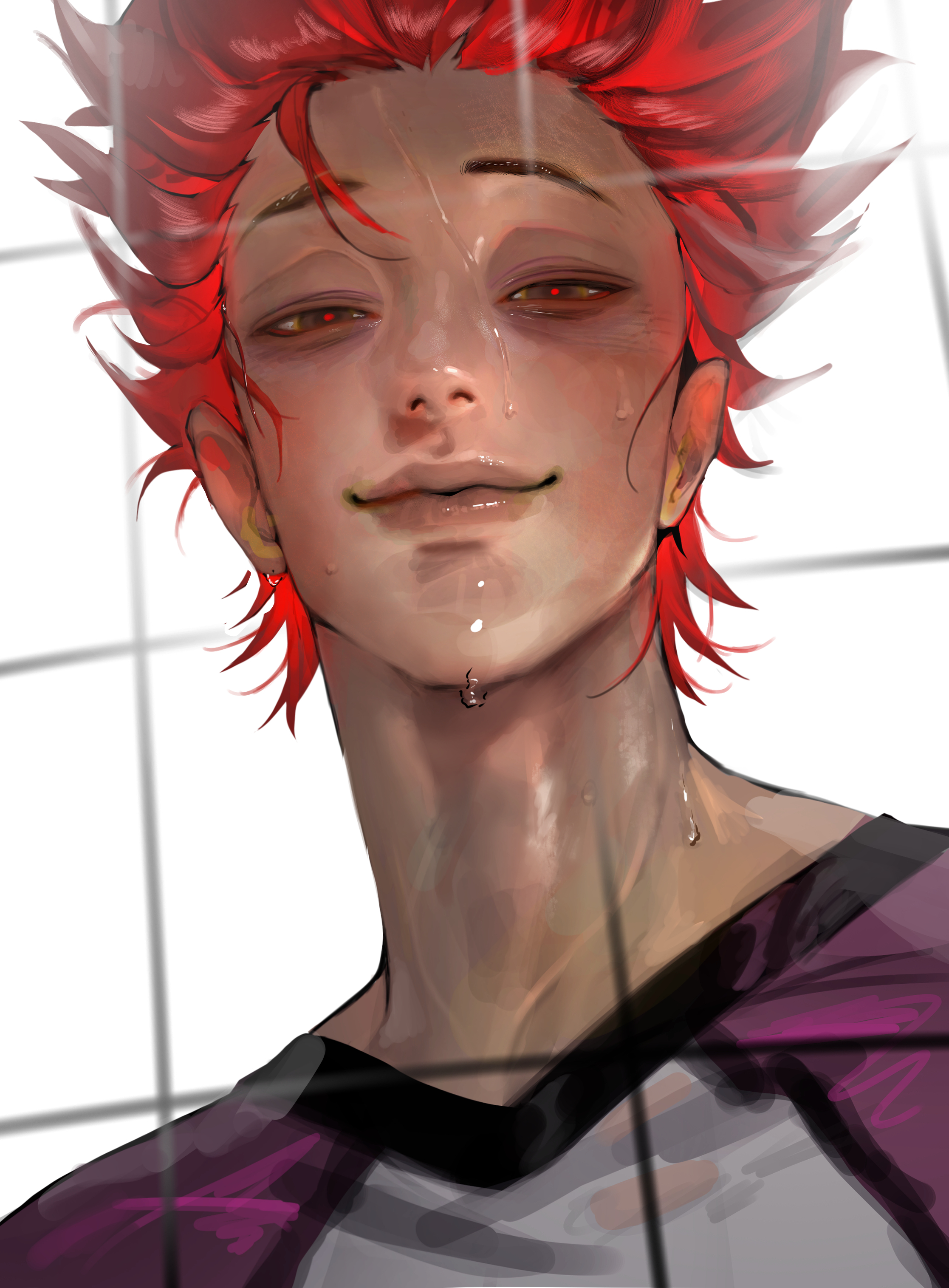 ssxssss 848, tendou satori, haikyuu!!, absurdres, highres, closed mouth, light smile, lips, looking at viewer, male focus, nose, red hair, red pupils, shiratorizawa volleyball uniform, short hair, simple background, sportswear, straight-on, sweat, upper body, veiny neck, volleyball net, volleyball uniform, white background