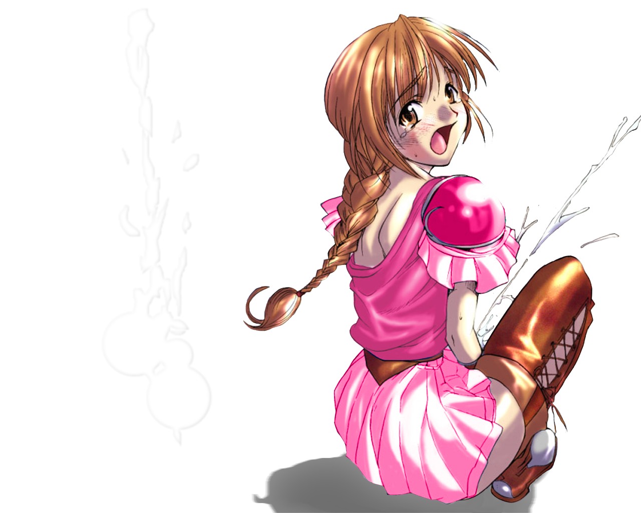 sophitia alexandra, soul calibur, soulcalibur i, 1futa, braid, brown eyes, brown hair, cum, ejaculation, embarrassed, futanari, futanari masturbation, masturbation, orgasm, penis, simple background, skirt, solo, thighhighs