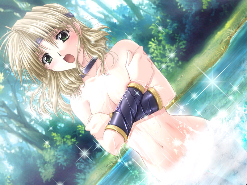 yamamoto kazue, levian forms, castle fantasia 3, game cg, 1girl, bathing, blonde hair, covering breasts, covering privates, crossed arms, dutch angle, female focus, green eyes, nude, solo, sparkle