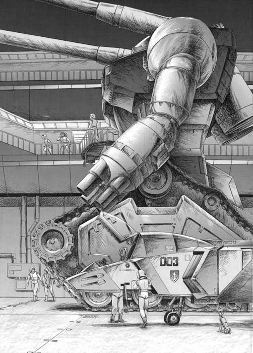 saeki shouji, core fighter, guntank, gundam, mobile suit gundam, jet, 6+boys, aircraft, airplane, greyscale, hangar, male focus, mecha, mecha focus, monochrome, multiple boys, robot