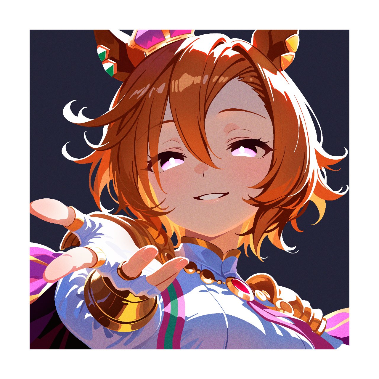 t.m. opera o (umamusume), umamusume, highres, 1girl, animal ears, bracelet, breasts, cape, crown, earrings, from below, gold bracelet, gold ring, hair between eyes, horse ears, horse girl, jewelry, looking at viewer, medium breasts, mini crown, multiple rings, offering hand, open mouth, orange hair, pink crown, pink eyes, purple cape, ring, short hair, simple background, smile, solo, waonaolmao
