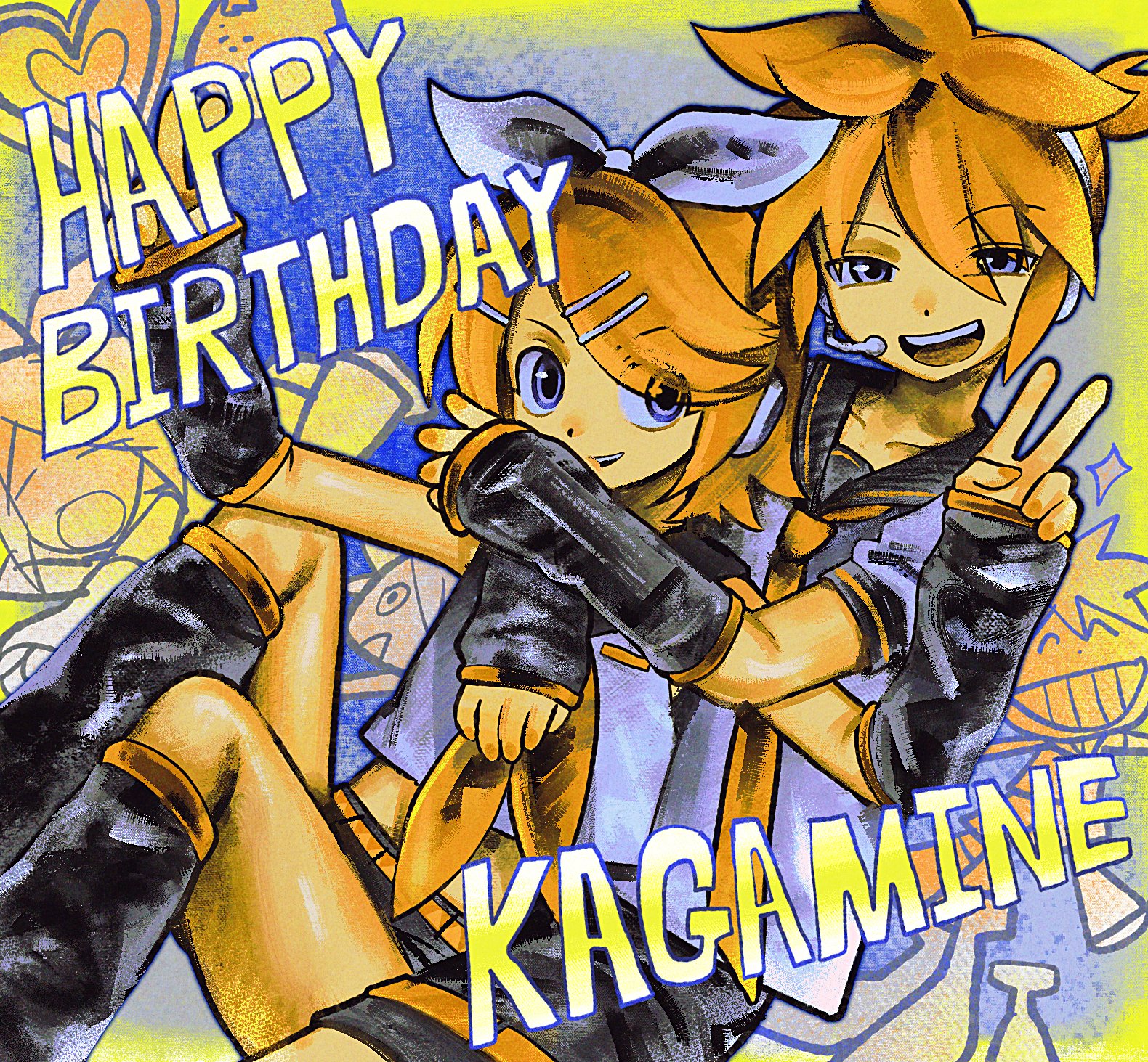 t0ngue2, kagamine len, kagamine rin, vocaloid, highres, 1boy, 1girl, blonde hair, blue eyes, bow, detached sleeves, hair bow, hair ornament, hairclip, headphones, headset, sailor collar, short hair, shorts, siblings, sleeveless, smile