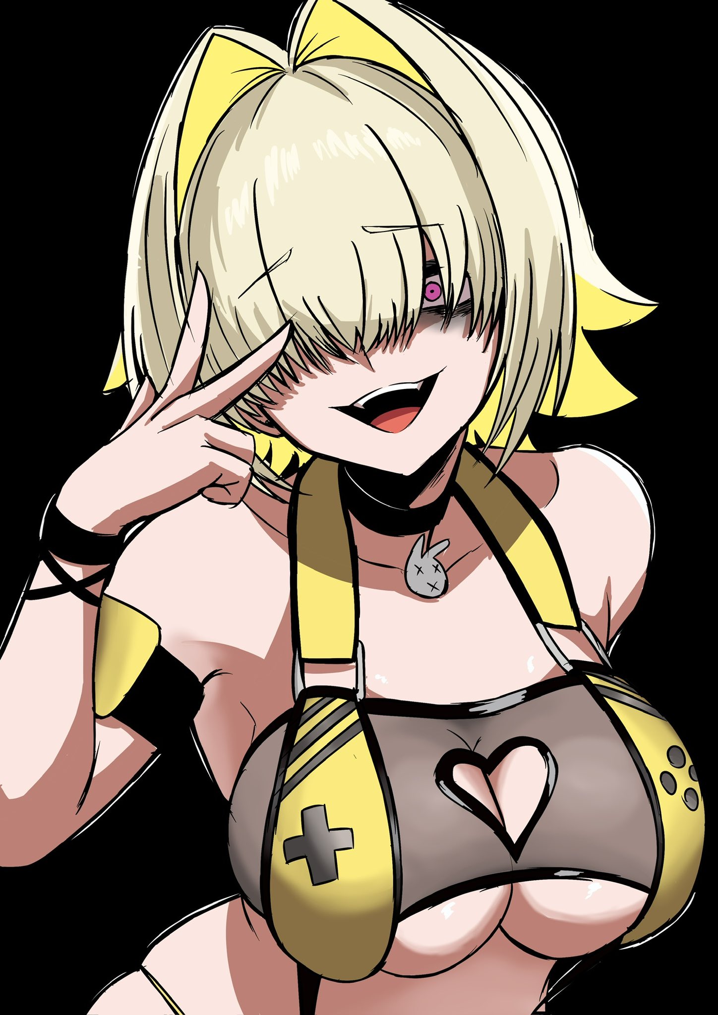 nagainegi, elegg (boom and shock) (nikke), elegg (nikke), goddess of victory: nikke, highres, 1girl, :d, black background, black choker, blonde hair, breasts, choker, cleavage, cleavage cutout, clothing cutout, collarbone, hair intakes, hair over one eye, hand up, heart cutout, large breasts, looking at viewer, open mouth, purple eyes, rabbit choker, short hair, simple background, slingshot swimsuit, smile, solo, swimsuit, upper body, w, yellow slingshot swimsuit