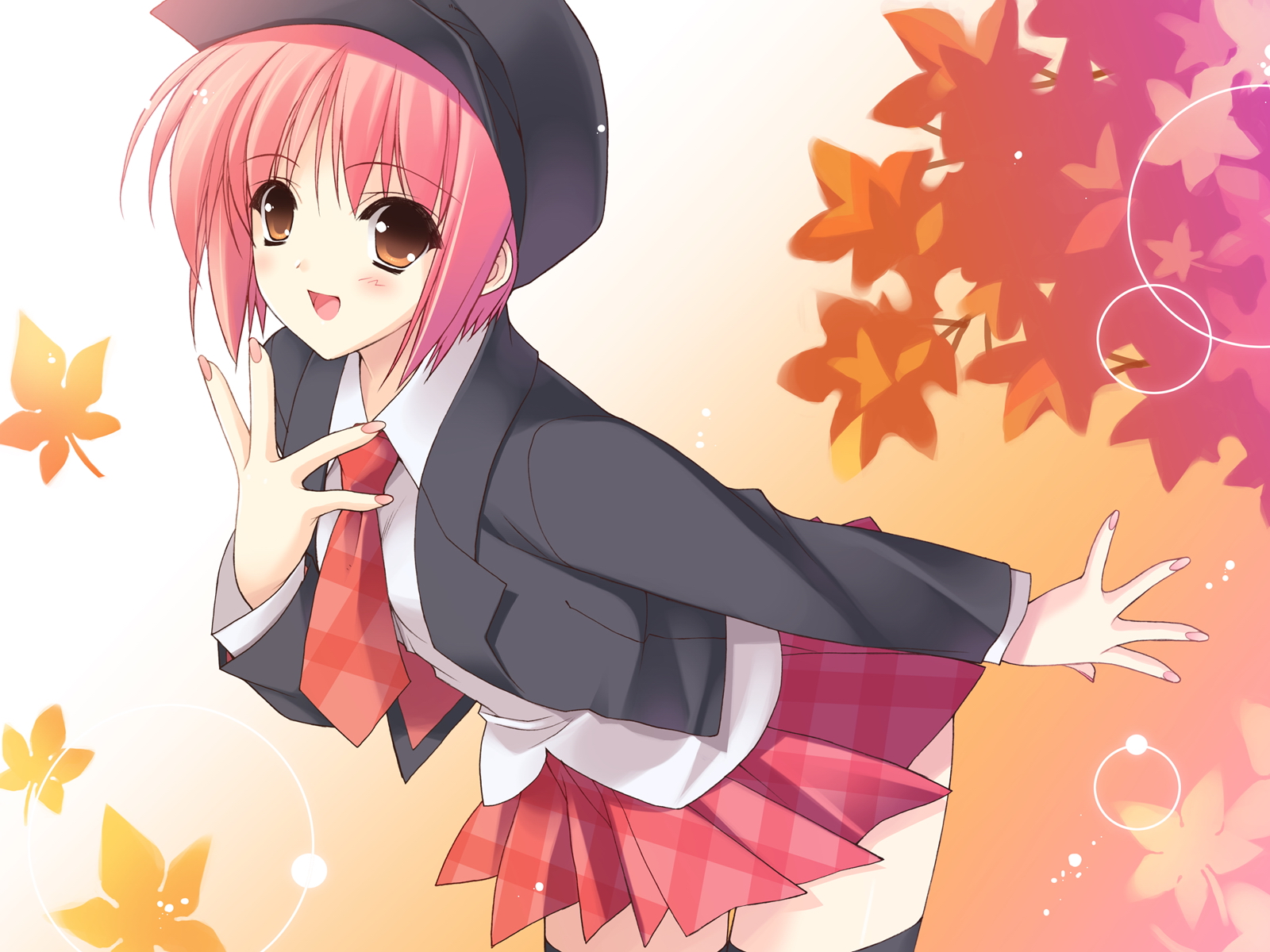 suzuhira hiro, akino momiji, sakura musubi, plaid neckwear, highres, 1girl, female focus, happy, hat, leaf, necktie, pink hair, plaid clothes, plaid necktie, plaid skirt, red hair, school, school uniform, serafuku, short hair, skirt, smile, solo, thighhighs