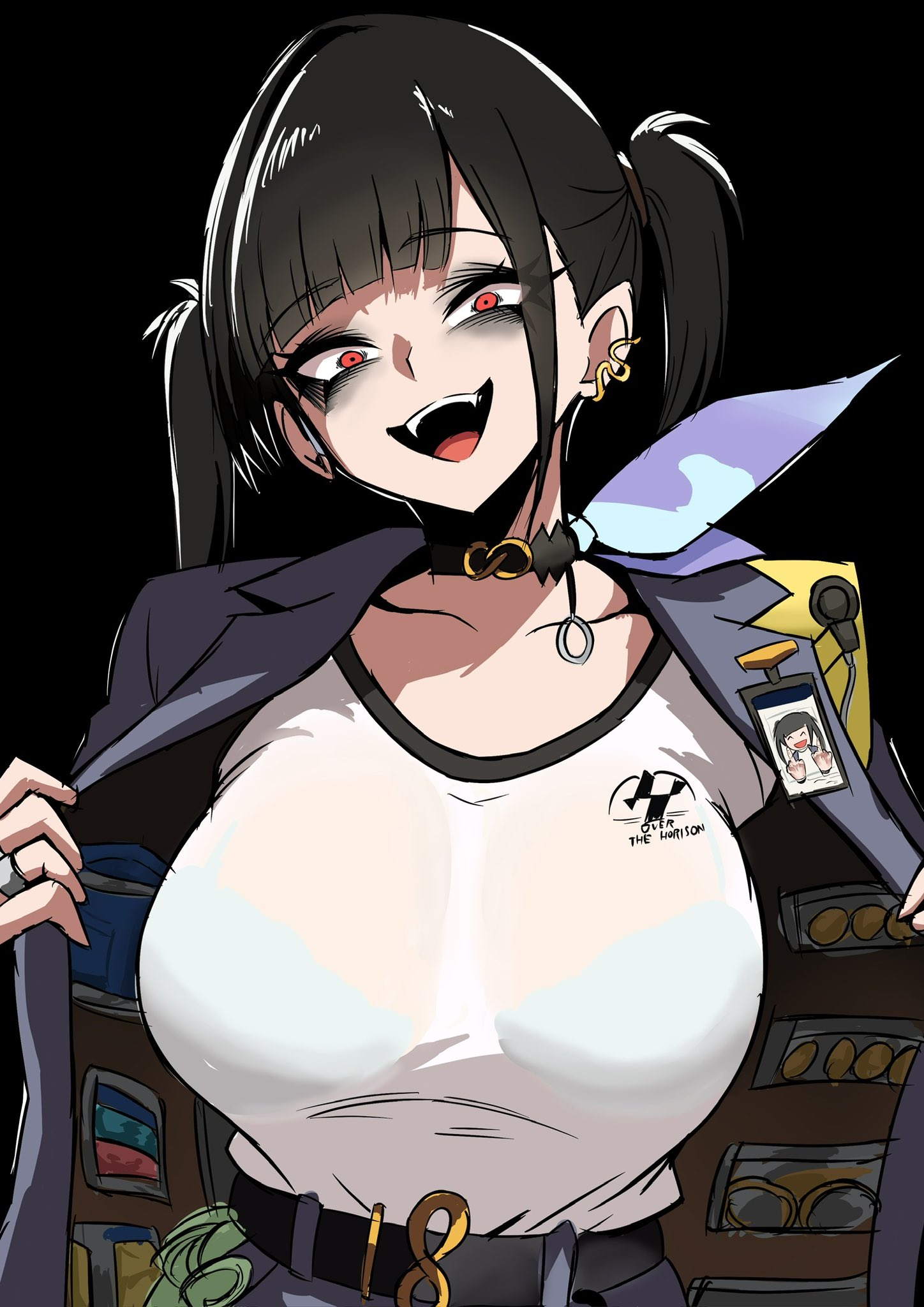 nagainegi, sora (nikke), goddess of victory: nikke, highres, 1girl, :d, belt, black background, black belt, black choker, black hair, blue jacket, bra visible through clothes, breasts, choker, double middle finger, fangs, id card, j.k. (style), jacket, jewelry, large breasts, middle finger, open clothes, open jacket, open mouth, red eyes, ring, see-through clothes, see-through shirt, shirt, simple background, smile, solo, twintails, upper body, white shirt