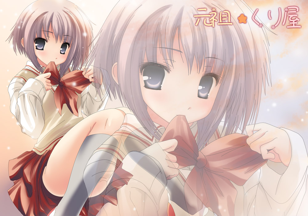 namamo nanase, kawazoe tamaki, bamboo blade, 00s, 1girl, bow, female focus, mouth hold, school uniform, serafuku, short hair, solo, zoom layer