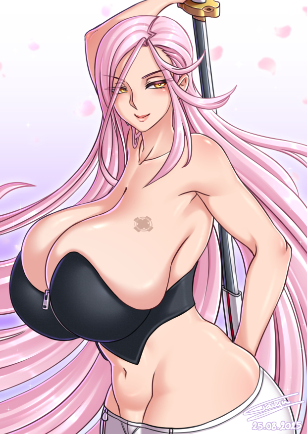 taiyudraws, sagiri yuuko, triage x, 1girl, arm up, bare shoulders, breasts, cleavage, female focus, huge breasts, long hair, navel, pink hair, skindentation, solo, sword, tattoo, weapon, yellow eyes, zipper