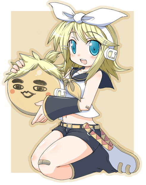 naitou kouse, kagamine len, kagamine rin, mikan seijin, naitou, ugo ugo ruuga, vocaloid, beige background, eyebrows, 1girl, arm warmers, bandaid, bandaid on knee, bandaid on leg, belt, black shorts, blonde hair, blouse, blue eyes, blush, blush stickers, bow, character doll, doll, female focus, full body, hair bow, hair ornament, hairclip, headphones, leg warmers, looking at viewer, navel, ribbon, sailor collar, seiza, shirt, shoes, short hair, shorts, sitting, sleeveless, solo, stomach, swept bangs, white bow, white shirt, yellow background, yellow ribbon