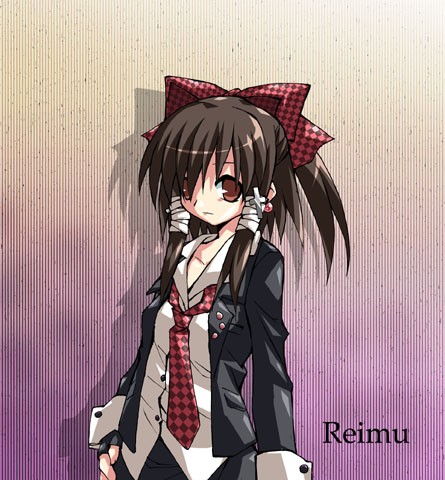hakurei reimu, touhou, lowres, 1girl, character name, female focus, formal clothes, necktie, pant suit, pants, solo, suit, tuxedo
