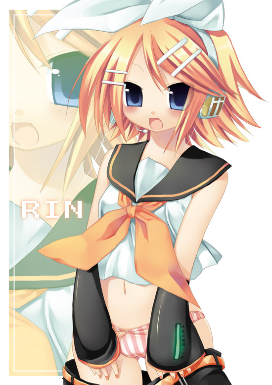 sazaki ichiri, kagamine rin, vocaloid, tagme, panties, solo, striped clothes, striped panties, underwear