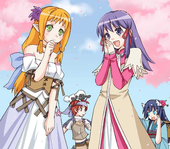 mattaku mousuke, cecilia (rune factory), kyle (rune factory), mana (rune factory), yue (rune factory), rune factory, rune factory 2, 1boy, 3girls, blue eyes, blue hair, brown eyes, elf, fantasy, green eyes, head wings, long hair, multiple girls, orange hair, outdoors, pointy ears, red hair, sky, wings