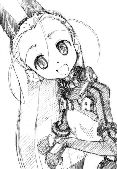 gofu, elise von dietrich, sky girls, pilot suit, traditional media, 00s, 1girl, :d, animal ears, fake animal ears, female focus, forehead, from side, greyscale, hair between eyes, hairband, long hair, looking at viewer, mecha pilot suit, monochrome, motion slit, motionslit, open mouth, sketch, smile, solo, very long hair