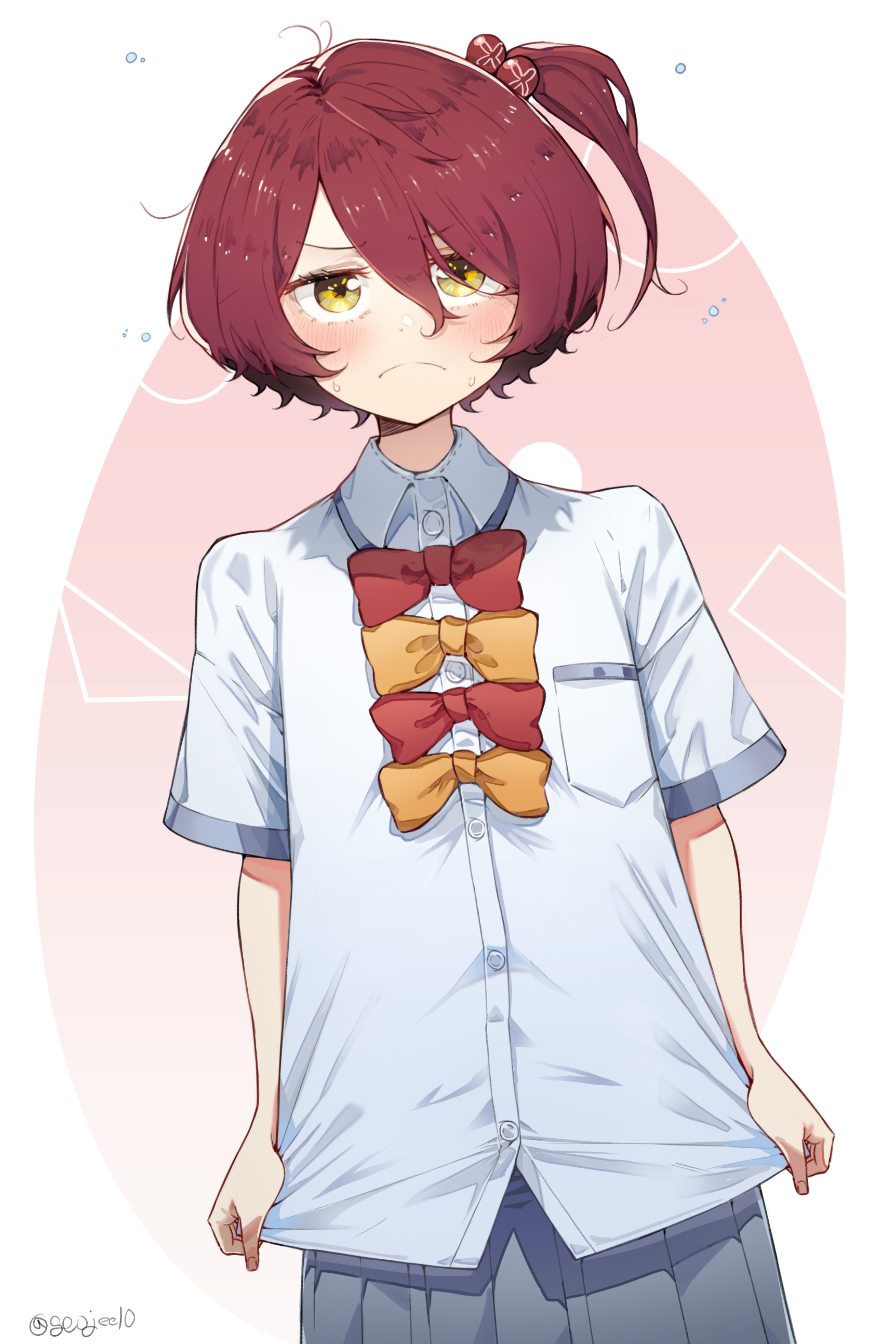 jeehyung seo, komari chika, make heroine ga oo sugiru!, absurdres, commentary request, highres, 1girl, bow, bowtie, buttons, collared shirt, frown, grey skirt, hair bobbles, hair ornament, looking at viewer, one side up, pleated skirt, red bow, red bowtie, red hair, school uniform, shirt, short hair, short sleeves, skirt, solo, sweat, tsuwabuki high school uniform, twitter username, white shirt, yellow bow, yellow bowtie, yellow eyes