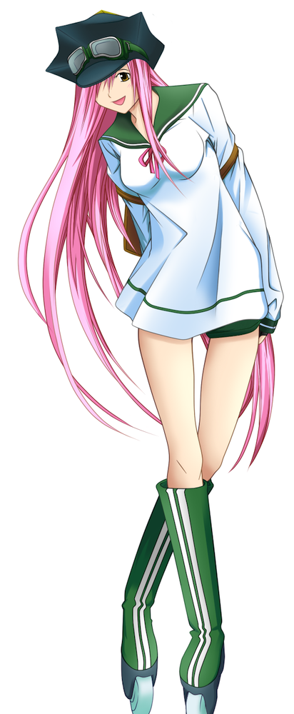 simca, air gear, striped, long image, tall image, 00s, 1girl, :d, boots, brown eyes, crossed legs, female focus, full body, goggles, green boots, hair over one eye, hat, inline skates, kneehighs, leaning, long hair, open mouth, peaked cap, pink hair, roller skates, school uniform, serafuku, simple background, sitting, skates, smile, socks, solo, standing, thigh gap, thighs, very long hair, watson cross