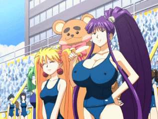 grace lin, misono kirika, eiken, animated, animated gif, lowres, 00s, 6+girls, banana, big hair, bouncing breasts, breasts, covered erect nipples, food, fruit, huge breasts, impossible clothes, impossible shirt, jiggle, multiple girls, one-piece swimsuit, purple hair, school swimsuit, shirt, swimsuit, unaligned breasts