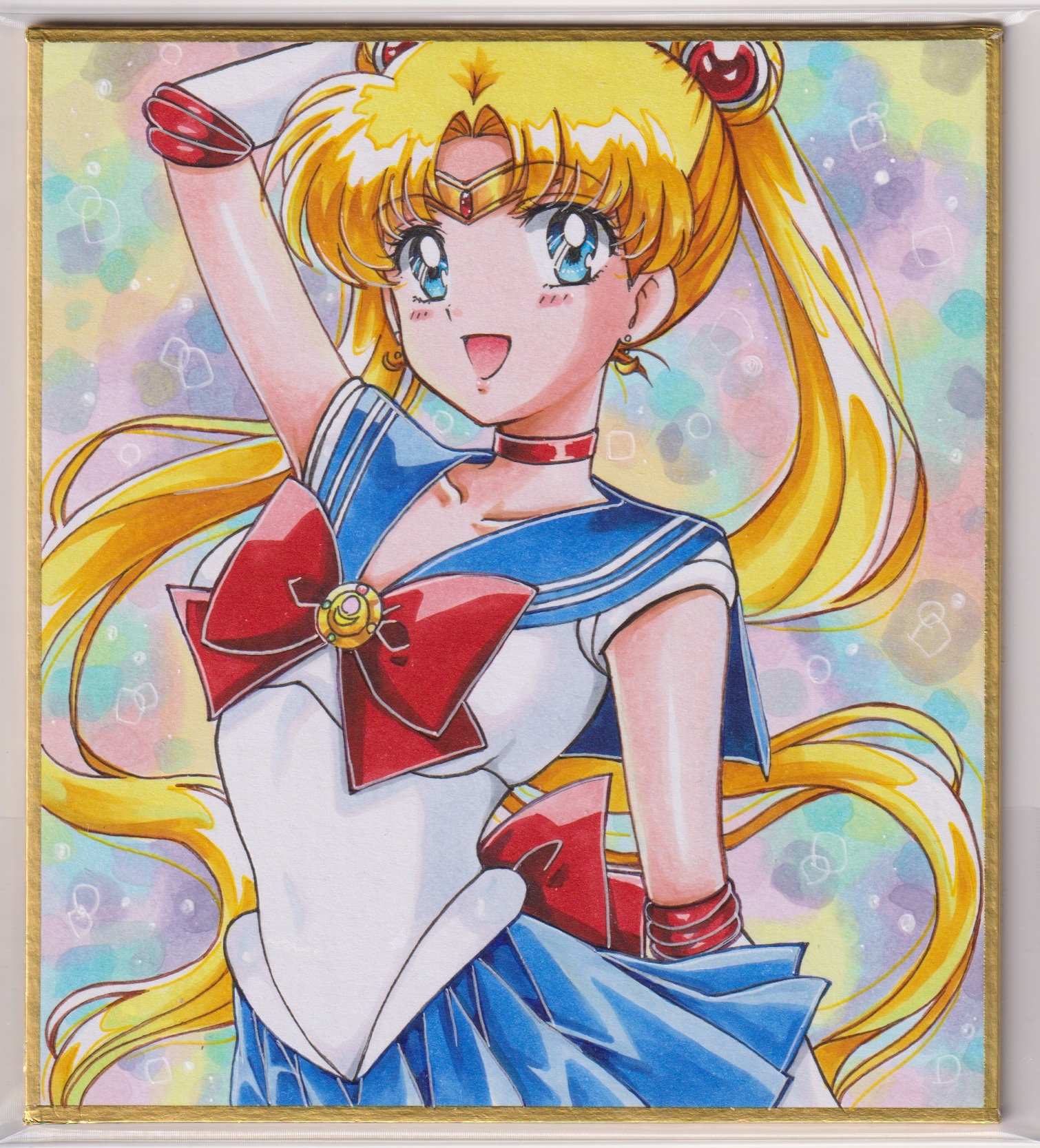 chikoto (kztc4472), sailor moon, tsukino usagi, bishoujo senshi sailor moon, highres, 1girl, arm up, blonde hair, blue eyes, blue sailor collar, blue skirt, bow, choker, collarbone, double bun, earrings, elbow gloves, gloves, hair bun, hair ornament, jewelry, long hair, looking at viewer, open mouth, red choker, sailor collar, sailor senshi uniform, skirt, smile, solo, transformation brooch (sailor moon), twintails, white gloves
