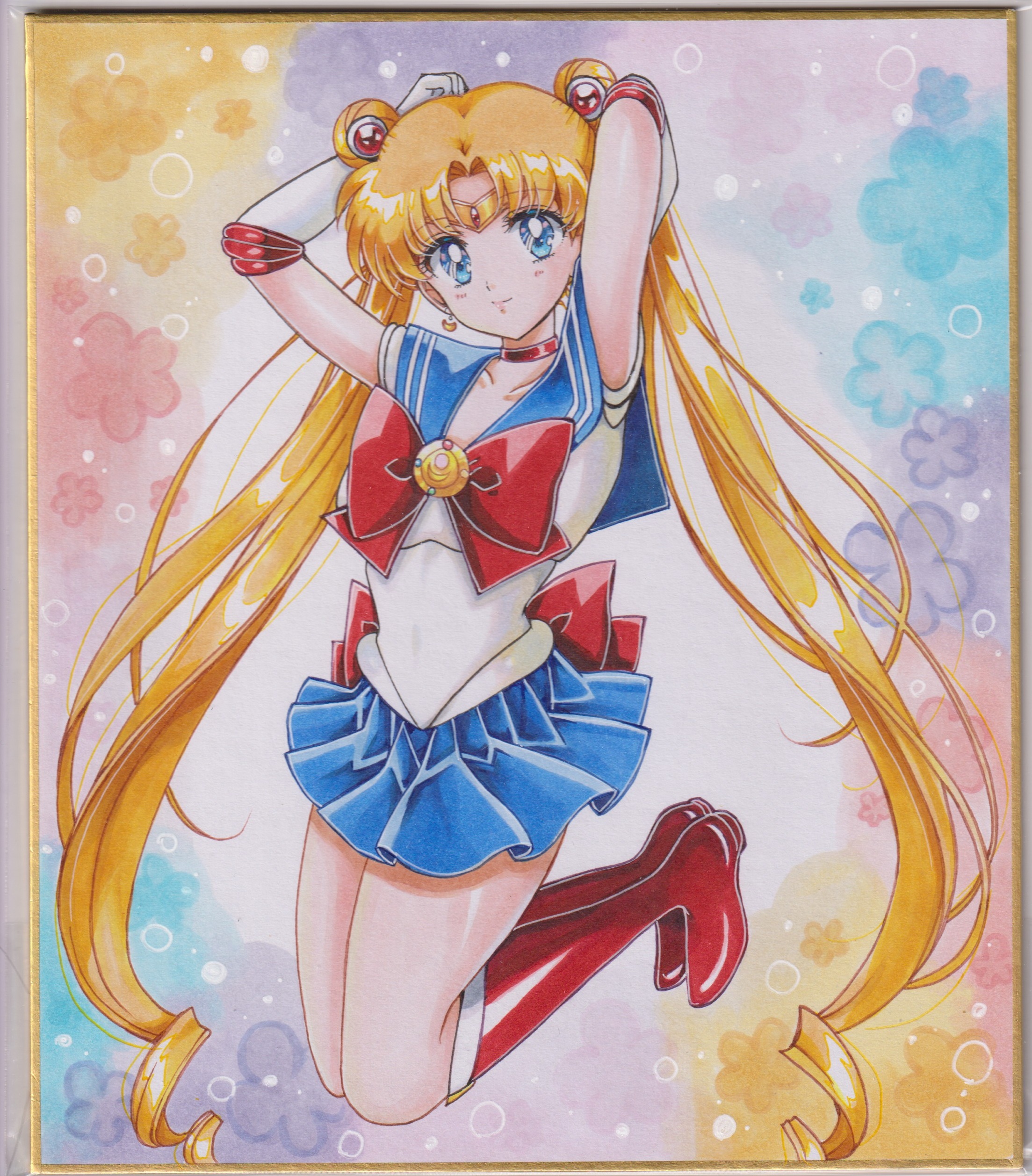 chikoto (kztc4472), sailor moon, tsukino usagi, bishoujo senshi sailor moon, absurdres, highres, 1girl, arms behind head, blonde hair, blue eyes, blue sailor collar, blue skirt, boots, bow, choker, closed mouth, collarbone, double bun, earrings, elbow gloves, full body, gloves, hair bun, hair ornament, jewelry, jumping, long hair, looking at viewer, pleated skirt, red boots, red choker, sailor collar, sailor senshi uniform, skirt, smile, solo, transformation brooch (sailor moon), twintails, white gloves