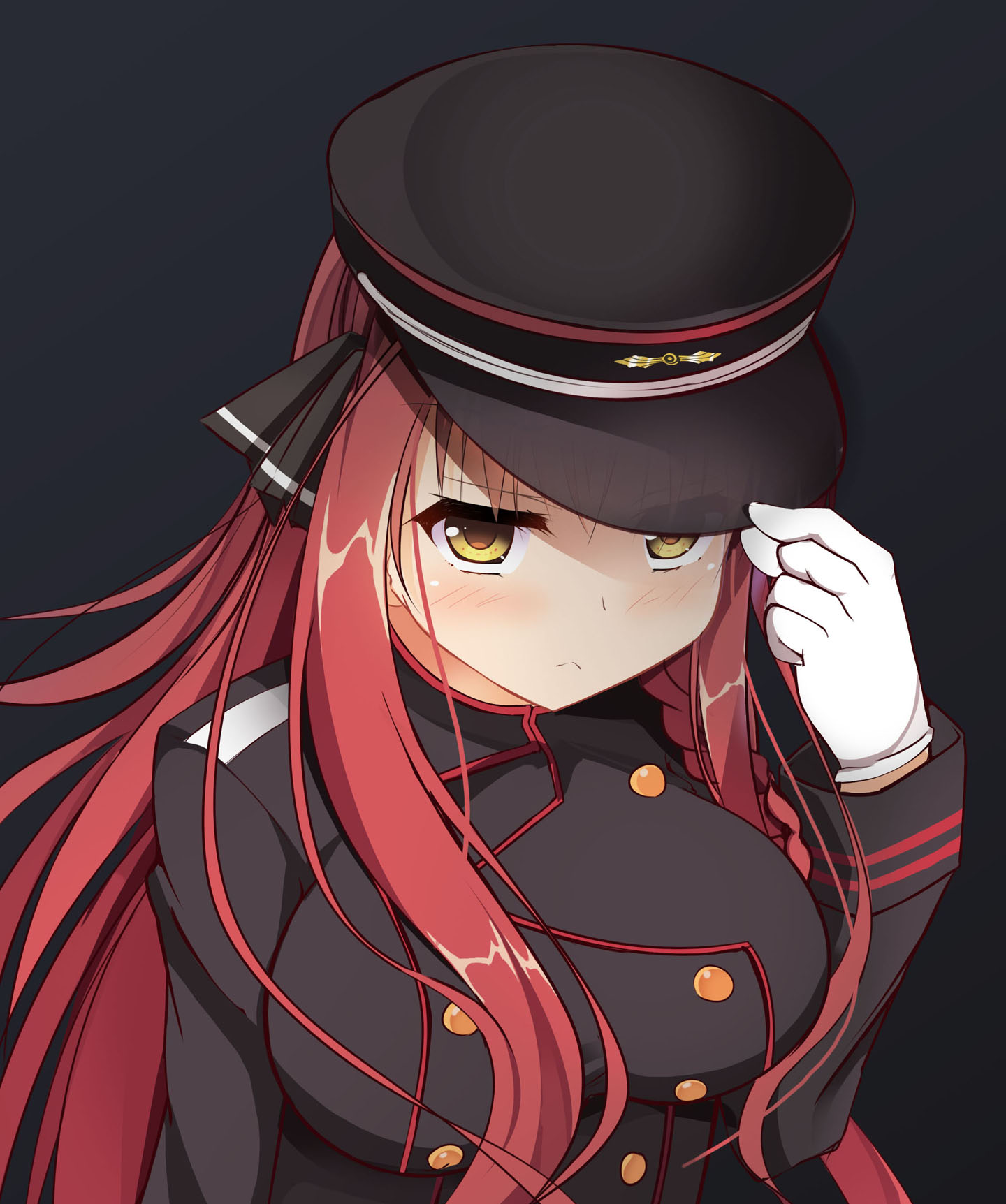 shrimp 3, yarai miu, dracu-riot!, commentary request, highres, 1girl, :<, black background, black hat, black jacket, black ribbon, blush, braid, breasts, buttons, closed mouth, double-breasted, frown, gloves, hair between eyes, hair ribbon, hand on headwear, hand up, hat, jacket, large breasts, long hair, long sleeves, looking at viewer, peaked cap, red hair, ribbon, sidelocks, simple background, single braid, solo, split mouth, straight hair, upper body, upturned eyes, white gloves, yellow eyes