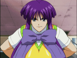 misono kirika, eiken, animated, animated gif, anime screenshot, lowres, 00s, 1girl, big hair, bouncing breasts, breasts, female focus, gigantic breasts, impossible clothes, impossible shirt, purple hair, school uniform, serafuku, shirt, solo, zashono academy school uniform