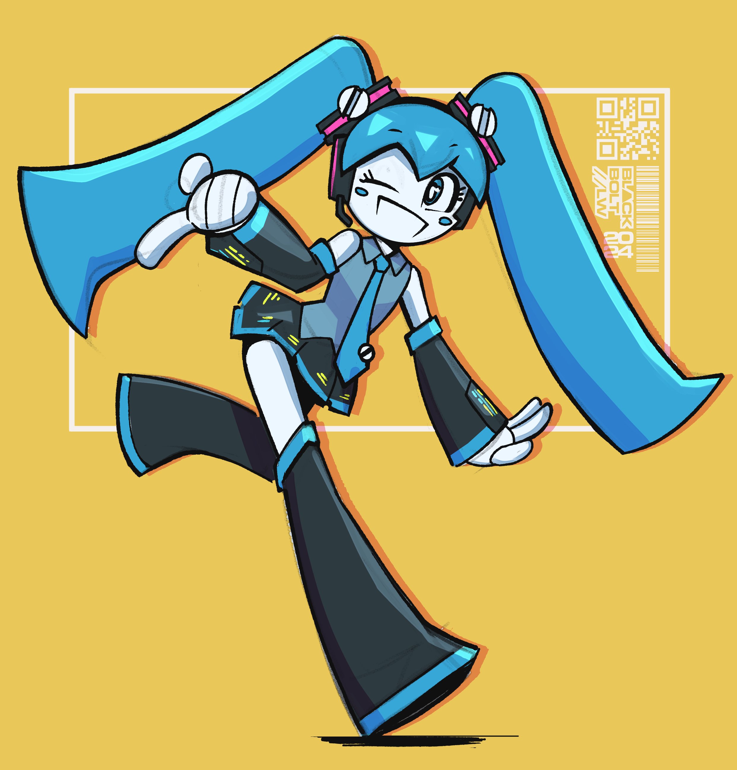 blackbolt lonewolf, hatsune miku, jenny wakeman, my life as a teenage robot, vocaloid, absurdres, highres, 1girl, android, aqua eyes, aqua hair, aqua necktie, black skirt, black sleeves, colored skin, cosplay, detached sleeves, grey shirt, hatsune miku (cosplay), headphones, headset, humanoid robot, necktie, one eye closed, robot, robot girl, shirt, skirt, twintails, white skin, yellow background