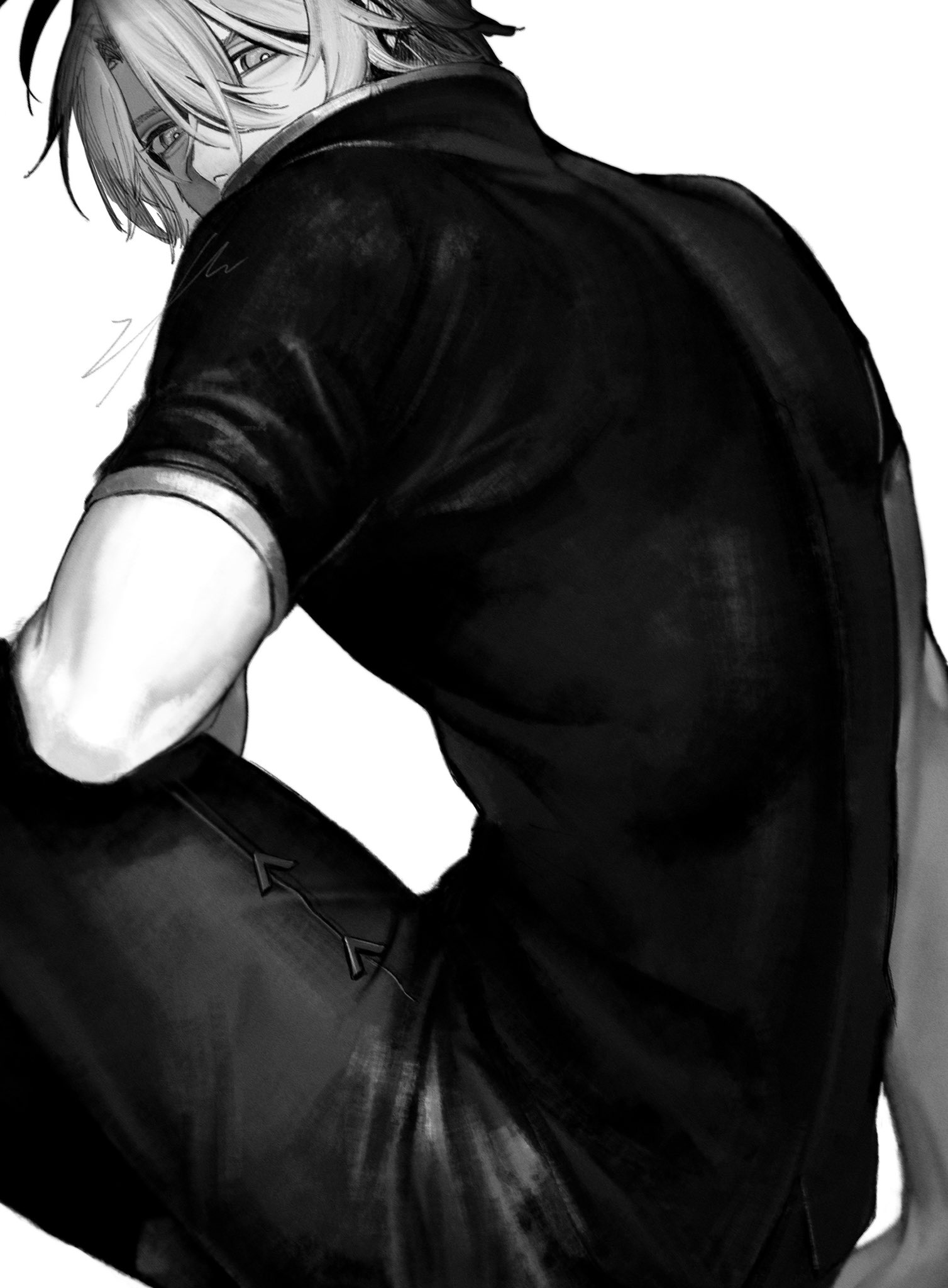 ieririr, phainon (fashion) (honkai: star rail), phainon (honkai: star rail), honkai: star rail, honkai (series), highres, 1boy, antenna hair, back, black pants, black shirt, covered mouth, grey hair, greyscale, hair between eyes, looking at viewer, male focus, monochrome, official alternate costume, pants, shirt, short hair, short sleeves, simple background, sitting, solo, turning head, white background