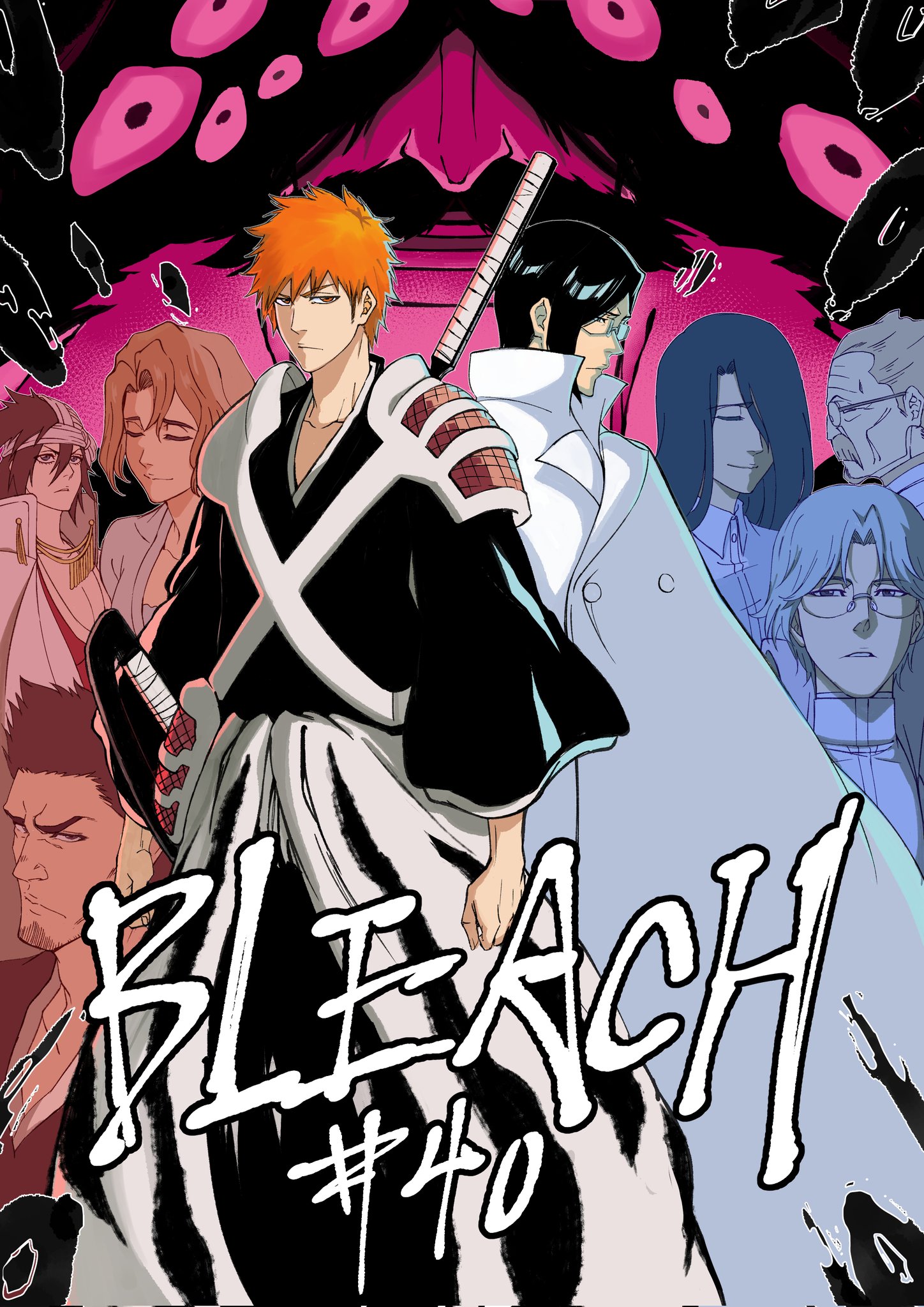 shaolong, ishida ryuuken, ishida uryuu, katagiri kanae, kurosaki ichigo, kurosaki isshin, kurosaki masaki, shiba kuukaku, yhwach, bleach, bleach: sennen kessen-hen, highres, 3girls, 6+boys, armor, beard, black hair, black hakama, black kimono, brown eyes, brown hair, cloak, closed eyes, collared shirt, copyright name, extra eyes, facial hair, family, hair between eyes, hair over one eye, hakama, ishida sooken, japanese clothes, kimono, long hair, male focus, multiple boys, multiple girls, mustache, old, old man, orange hair, parted lips, shihakusho, shirt, short hair, shoulder armor, sword, sword on back, true zangetsu (shikai), weapon, weapon on back, wide sleeves