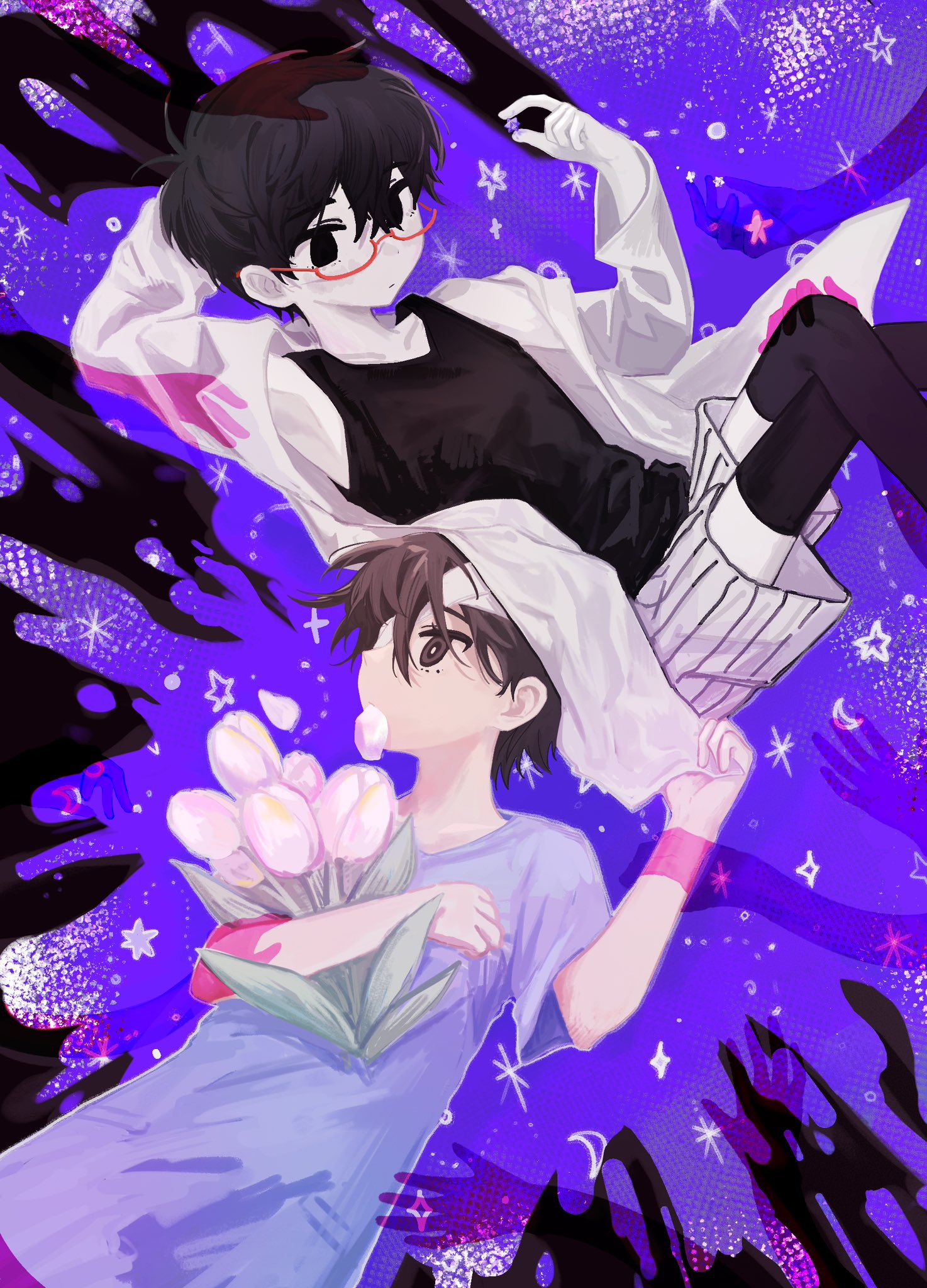 omorivv, omori (omori), sunny (omori), omori, commentary, highres, spoilers, 2boys, antenna hair, arm behind back, armpits, bandage over one eye, bare shoulders, bespectacled, black background, black tank top, black thighhighs, blue shirt, bouquet, bright pupils, closed mouth, coat, colored skin, cowboy shot, crescent, crossed legs, double-parted bangs, dual persona, empty eyes, expressionless, extra arms, feet out of frame, flower, glasses, hair behind ear, hair between eyes, hand up, holding, holding bouquet, hospital gown, knees up, long sleeves, looking at another, multiple boys, no pupils, official alternate costume, open clothes, open coat, purple background, red-framed eyewear, round eyewear, semi-rimless eyewear, shirt, short hair, short sleeves, shorts, simple background, sparkle, star (symbol), star symbol background, striped clothes, striped shorts, tank top, thighhighs, tulip, two-tone background, vertical-striped clothes, vertical-striped shorts, very short hair, white coat, white flower, white pupils, white shorts, white skin, white tulip