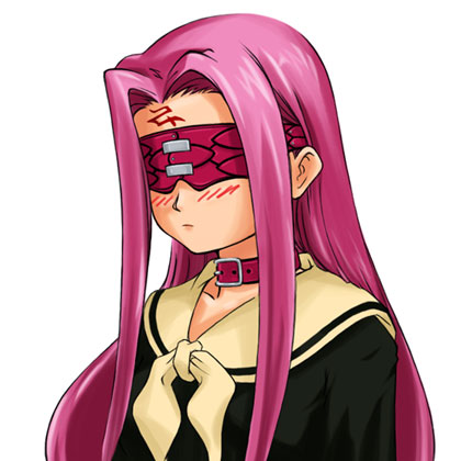 medusa (fate), medusa (rider) (fate), fate/stay night, fate (series), maria-sama ga miteru, lowres, black serafuku, blindfold, blush, collar, cosplay, long hair, pink hair, school uniform, serafuku, simple background, solo, white background