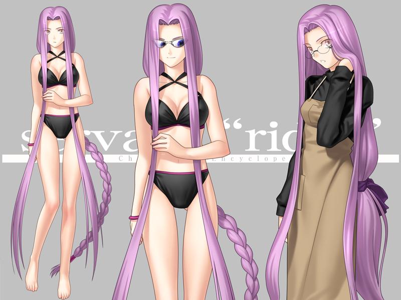 medusa (fate), medusa (rider) (fate), fate/stay night, fate (series), 00s, 1girl, bikini, braid, breasts, cleavage, cowboy shot, female focus, full body, glasses, grey background, long hair, multiple views, official alternate costume, purple hair, square pupils, standing, swimsuit, very long hair