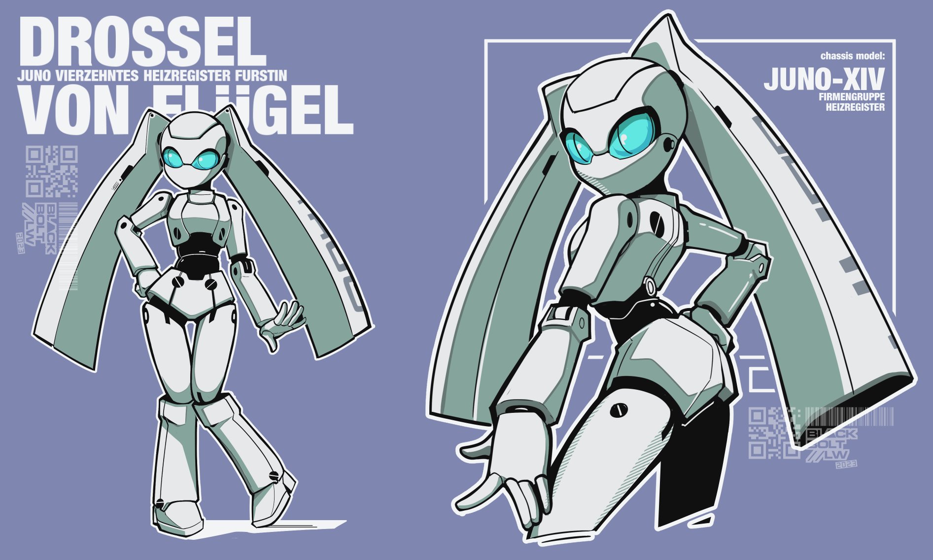 blackbolt lonewolf, drossel von flugel, fireball (series), highres, 1girl, android, blue eyes, blue sclera, colored sclera, colored skin, hand on own hip, humanoid robot, joints, mechanical hair, no mouth, robot, robot girl, robot joints, twintails, white skin