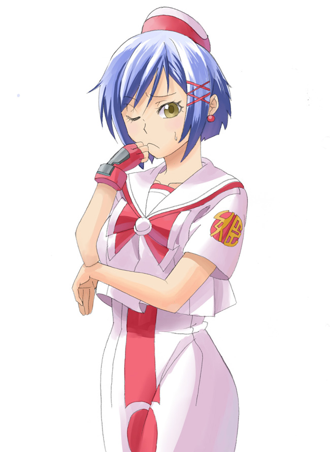 ayasugi tsubaki, aika granzchesta, aria (manga), uniform, 00s, blue hair, fingerless gloves, frown, gloves, hat, simple background, solo, sweatdrop, yellow eyes